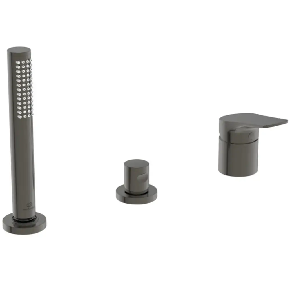 Badearmatur mit einer Handbrause und zwei Bedienelementen, in der Farbe Magnetic Grey, gefertigt von Ideal Standard. Entwurf für den Wannenrand, funktional und zeitgemäß.